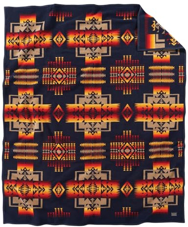Pendleton Chief Joseph Jacquard Wool Blanket 64 x 80, Reversible Throw Blanket, Wool Felt Binding, Breathable, Napped for Softness, Great for Home and Travel - Navy
