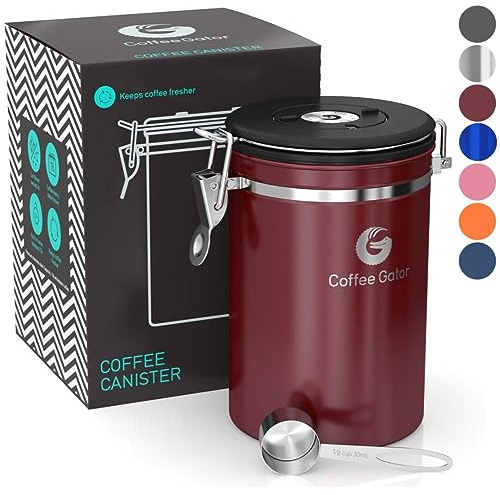 Kaffe gator kaffebehållare, lufttät rostfritt stål kök matförvaringsbehållare med datumspårare, skopa för socker, malar kaffe, bönor, te, socker, flingor, mjöl, kakburkar (röd, 24 oz)