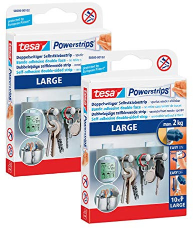 tesa Powerstrips Large - Doppelseitige Klebestreifen zur Montage von Gegenständen auf glatten Oberflächen (2 Packungen)