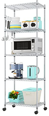 Devo 5-Stöckiges Regal mit Rollen, Höhenverstellbares Standregal mit Rollen Speisekammer auf Rollen Lagerral mit Haken für Badezimmer, Küche, Silber, 36 cm x 61 cm x 180 cm
