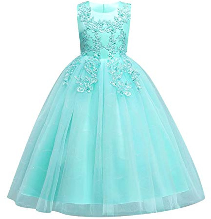 FYMNSI Vestito Bambina Fiore Damigella Ragazza Principessa Abito Maxi Pizzo Senza Maniche Floreale Lunga Gonna Tutu per Festa Compleanno Comunione Battesimo Vestiti da Matrimonio Ballo Verde 7-8 Anni