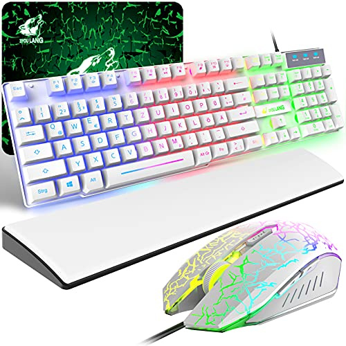 Gaming Tastatur und Maus mit Handballenauflage, QWERTZ Deutsches Layout Regenbogen LED Hintergrundbeleuchtung Ergonomische Keyboard 6 Tasten 2400 DPI Maus und Mauspad für Windows Mac PS4, Weiß