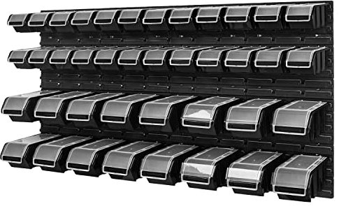 PAFEN Stapelbox Wandregal - 1544 x 780 mm - Lagersystem 40 Stück Boxen mit Deckel - Lagerregal Sichtlagerkästen Schüttenregal, Schwarz