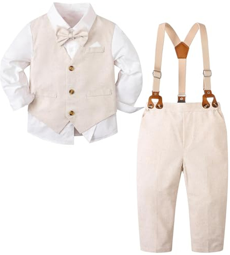 SANGTREE Boys' 5 Piece Suits, Casual Linen Suit Vest and Pant with Shirt, Bow Tie and Suspenders for Beach Wedding, Linen Khaki, 3-4T = Tag 120
