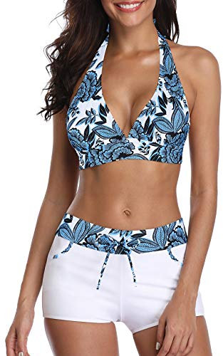 Bikini Set Damen Two Piece Swimsuit Zweiteiliger Badeanzug Bikini mit Hotpants mit Boyshort Träger Oberteil und Bikinihose