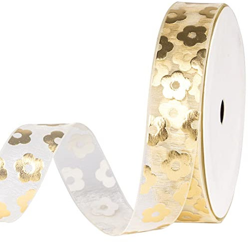 Holijolly Goldfarbenes Blumenband – Schneegarnband für Muttertag, Hochzeit, Brautdusche – 1,9 cm x 9,1 m