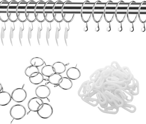 SHUESS 100 Pack Silver Metal Curtain Rings - 30mm Internal Diameter Pole Rings With 100 White Plastic Hooks - Ideal for Curtains and Shower Curtains (3.5mm Thick)