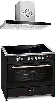GURARI Induktions-Standherd E 913 BL+GCH F 462 IS 9 Prime, Range Cooker 90 cm/FLEX ZONEN/ 5 Zonen / 121L + Dunstabzugshaube 90 cm