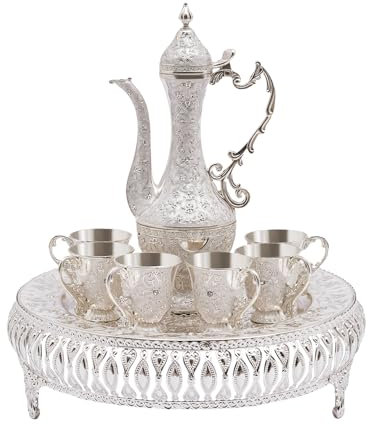 HarBin-Star Kaffeetassen Türkisch, Vintage Kaffeekannen Set mit 6 Tassen, Teetasse Royal Metall Teegläser Set, Teeservice Set für Home Coffee Tea Party (Weiß)