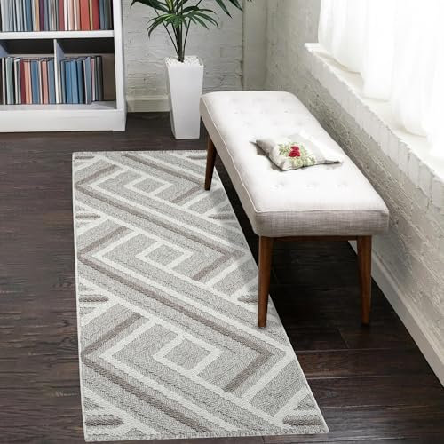 payé Teppich Läufer - 80x300cm - Beige Braun Grau - Boho-Style mit Fransen - Modern Geo Muster - Flachflor Wohnteppich Schlafzimmer Deko