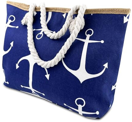 Ghazpmuk Borsa da Spiaggia, Grande Impermeabile Borsa Mare, Borsa Spiaggia Donna, Borsa a Tracolla Shopper in Tela, Beach Tote Bag, per Palestra Viaggio Shopping Piscina Vacanza (Ancora Blu Navy)