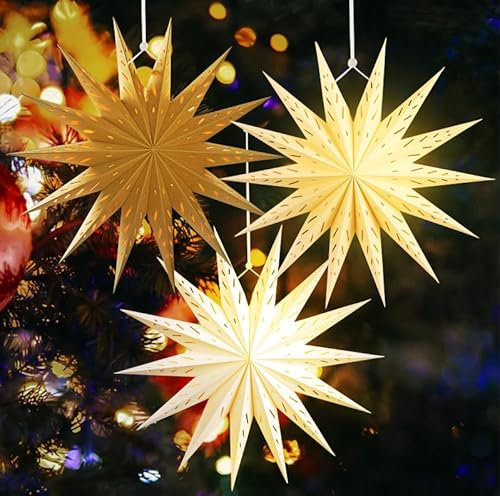 SUNBEAUTY Lot de 3 abat-jours en forme d'étoiles en papier - 45 cm - Marron clair - Original - Couleur bois blanc - Étoiles pliantes - Décoration de fête - Pour Noël, mariage, anniversaire, décoration