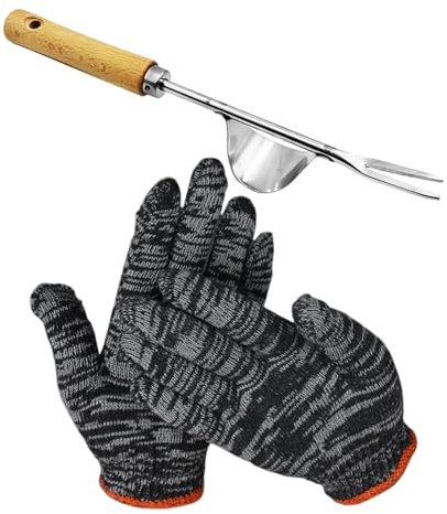 ZBHDEYG 1 Pioche en Acier Inoxydable, 1 Paire De Gants De Jardinage, Un Ensemble D'Outils De Jardin, Un Pioche À Manche en Bois, Un Crochet À Dents De Désherbage, Un Outil De Désherbage Manuel.