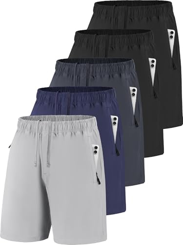 POVWVPY Men Running Athletic Shorts, Quick Dry 7 inch Inseam Gym Workout Men Shorts with Deep Pocket & Zipper(Black2,Dark grey1,Light grey1,Navy1,L)