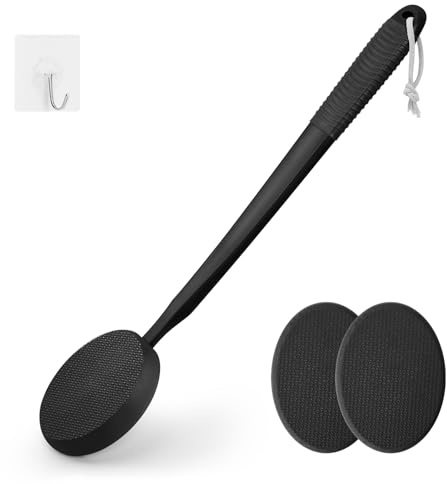 Aplicador de loción para espalda, pies y piernas, mango largo de plástico, crema hidratante, protector solar y aplicador de ungüento para hombres y mujeres mayores con 3 almohadillas lavables (negro)