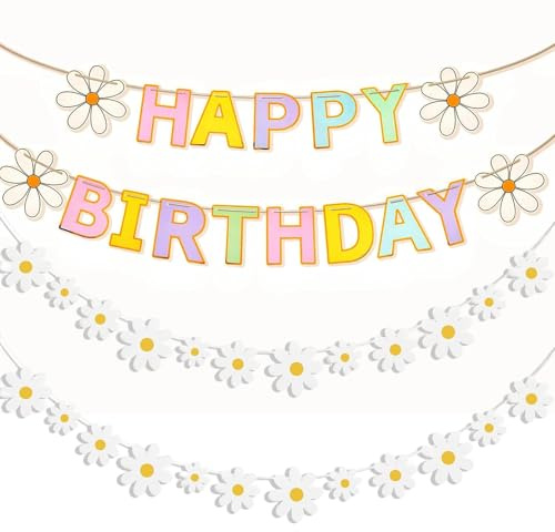 Daisy Flower Happy Birthday Banner, Boho Party Decorations, Spring Daisy Paper Garland for Birthday Celebration, Macaron Flower Themed Party Decor