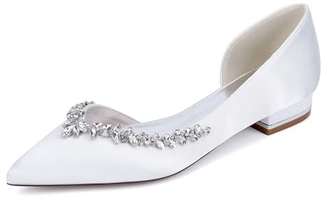 TNMIUH Donna Scarpe da Sposa Raso Senza Tacco Tacco Basso Punta Appartamenti di Nozze Scarpe da Damigella d'Onore Strass Elegante Matrimonio Scarpe,Bianca,38 EU