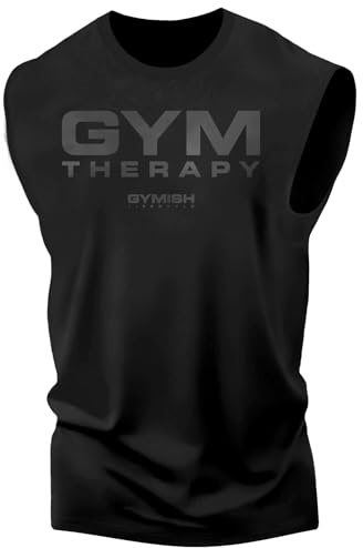 Gymish Gym Therapy Workout Tank for Men, Cool Funny Tank for Gym Workout (Muscle Black on Black Tank Top, LG)