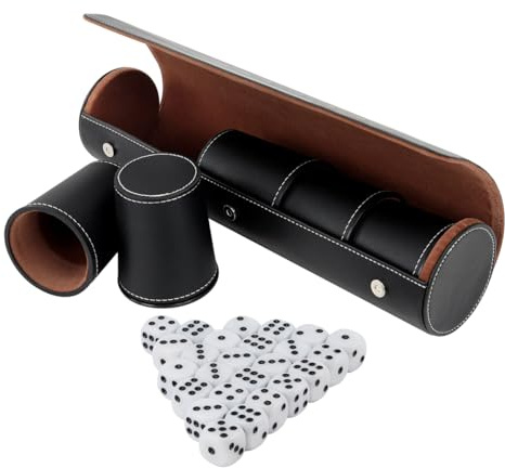 Orivin Ensemble de 5 dés Yahtzee professionnels en cuir noir, avec 25 dés et étui de rangement, pour jeux de société, fêtes et plus encore.