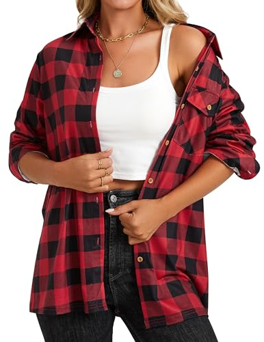Enmain Camisa a Cuadros Mujer Casual Camisa Elástica Manga Larga Suave Camisas de Cuadros Leñador Blusas Botones Rojo M