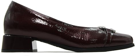 PITILLOS - Zapato de salón,Mercedita con tacón bajo,Piel,Sencillo,manoletina,Charol,Brillo,eslabón de Adorno para: Mujer Color: Burdeos Talla:38