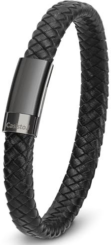 Casisto.J Bracciale Uomo Pelle, Classico Bracciale Pelle Intrecciata Fatto a Mano con Chiusura Magnetica in Acciaio Inossidabile, Bracciali Largo Regalo da Uomo con Portagioie
