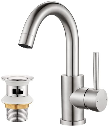 Basin Mixer Tap with Pop up Waste, Stainless Steel Bathroom Sink Tap Mixer 360° Swivel, G1/2 UK Standard Fittings, Hot & Cold Water Control, Brushed Nickel