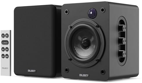 MAJORITY D50X Altavoces Activos 2.0 de 60W para PC | Altavoces HiFi de estantería con Bluetooth 5.3, HDMI ARC y AUX | Monitores de Estudio con chasis de Fibra de Carbono (Negro)