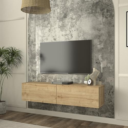 [en.casa] Mobile Porta TV da Parete con 2 Ante a Ribalta Stand Multimediale Sospeso Mobile Contenitore con 2 Vani Chiusi per Soggiorno Studio 135 x 32 x 30 cm - Effetto Rovere