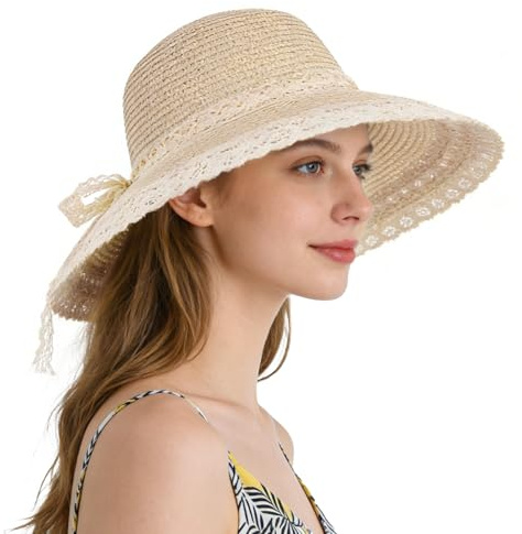 Ynport Crefreak Sombrero de Paja de ala Ancha para Mujer con Borde de Encaje y Lazo, Sombrero de Verano Plegable con Protección UV para la Playa y Viajes al Aire Libre
