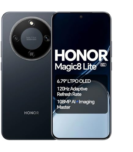 HONOR Magic8 Lite Smartphone 5G, display AMOLED da 6,79 pollici, tripla resistenza IP68/IP69K, batteria da 7500 mAh, fotocamera da 108 MP con OIS, doppia SIM, NFC (Black, 256, GB, GB, 8)