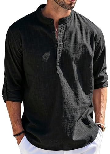 Cegerne Camicia Lino Uomo Maniche Lunghe Estiva Leggera Traspirante Henley Casual Maglietta Casacca Vacanze Spiaggia, Nero, XL