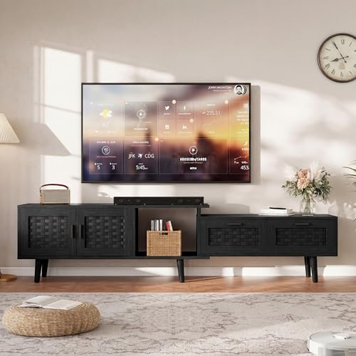 Skandinavisk TV-bänk 146–180 cm med förvaring, utdragbar TV-bänk med 2 dörrar och 2 lådor, rotting TV-bord för vardagsrum, modern design, lågt skåp, TV-bänk för vardagsrum och sovrum (svart, A)