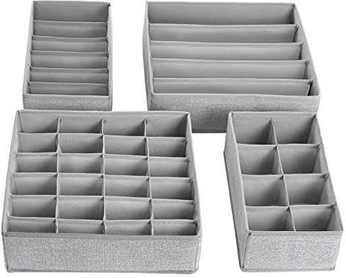 SONGMICS Aufbewahrungsbox für Unterwäsche, Schubladen-Organizer, faltbar, Ordnungssystem für Kleiderschrank, für BHs, Socken, Krawatten, Faltbox, Stoffbox, 4er Set, hellgrau RYUS04W
