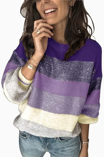 ANCAPELION Maglione da donna a maglia grossa, casual, a maniche lunghe, con blocco di colori, elegante, con scollo rotondo, per autunno e inverno, B-viola., XL