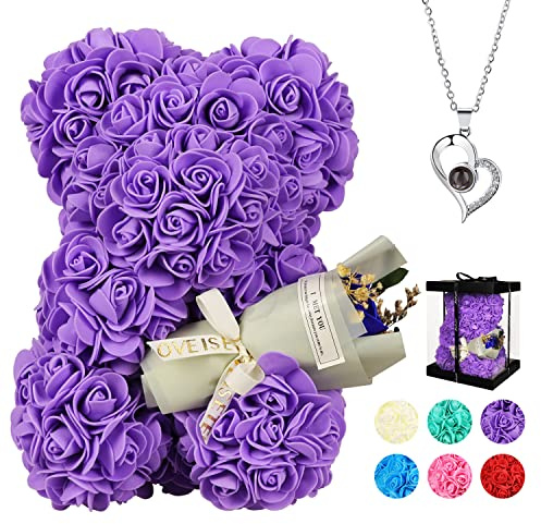 POHOMEGK Valentines Gifts for Her, rose bear Gifts for Women, Valentines Day Gift Rose Bear for women, Rose Teddy Bear, Birthday Gift for Kids, I Love You Necklace in 100 Languages