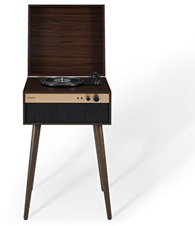 Crosley CR6236A-WA Jasper - Tocadiscos de Vinilo de 3 velocidades con Bluetooth, Altavoces Integrados y Patas Desmontables, Color Nogal