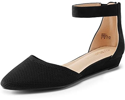 DREAM PAIRS Women's Low Wedge Ankle Strap Flats Ballet Flats Shoes,Size 4.5,Black-Knit,AMIGA-1