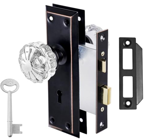 ToPToToo Mortise Lock Set for Interior Door, Crystal Glass Door Knobs with Lock and Skeleton Key, Old Door Knob Replacement, Vintage Antique Door Handle,Classic Oil Rubbed Bronze Finish