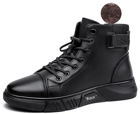Myallfeet Men's Classic Italian High Top Cashmere Leather Boots Non-Slip Shock Absorber Side Zipper Business Ankle Boots Classic Fashion Casual Round Toe Leather Chukka Boots (black plush,12,12)