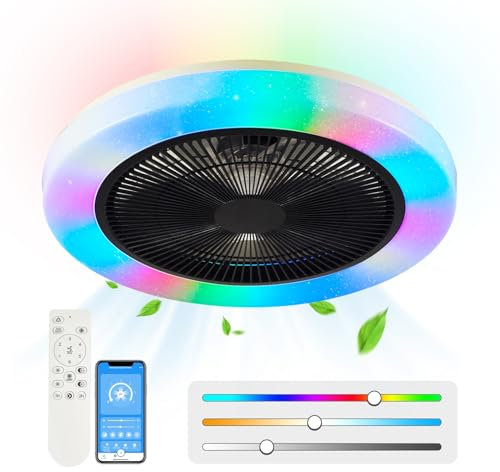 AHXIAOZN RGB Deckenlampe mit Ventilator Fan, Leiser Moderne Ventilator mit Licht, Dimmbar LED Lampe mit Ventilator, RGB Deckenventilator mit Beleuchtung und Fernbedienung & APP Fan Lampe, Schwarz