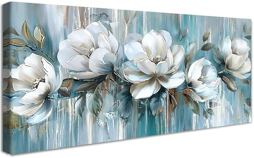 Fiori di peonie bianche blu Stampa su tela con cornice Verde Foglie Floreale Pittura Quadri su tela Quadri Moderni Poster da parete Stampe da Parete soggiorno Camera da letto Ristorante 50x120cm