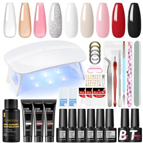 COSCELIA Kit Manucure Complet,6PCS Vernis Semi Permanent Blanc Rouge Rose Noir,3PCS Poly Nail Gel avec Lampe à Ongles Kit Ongle Gel UV Complet avec Base Top Coat Outils Cadeau Pour Femmes