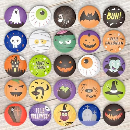 Bodapix | Pack de Chapas Halloween (25 und.) | Chapas Divertidas para Fiestas | Zombis, Momias, Brujas, Arañas, Calabazas, Murciélagos