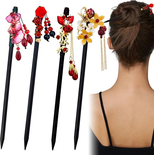 4 PACK Chinese Hair Chopsticks for Women, Wooden Hair Accessories, Japanese Hair Stick, Retro Tassel Retro Handmade Hairpins Flower Tassel Hair Chopsticks for Long Hair