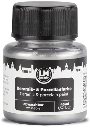 LM-Kreativ Keramik- und Porzellanfarbe, 45 ml, Metallic-Silber, spülmaschinenfest, Glas- und Keramikfarbe, ideal für Tassenmalerei, Keramikmalerei, kreative Projekte auf Glas, Keramik, Porzellan