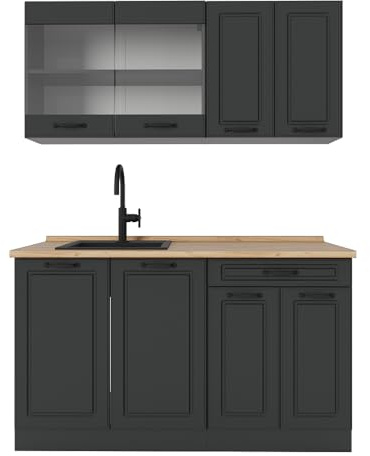 Vicco Küchenzeile R-Line, Anthrazit Landhaus, 140 cm, AP Eiche, zur flexiblen Erweiterung mit weiteren Modulen geeignet
