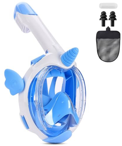 MZJAUVF Schnorchelmaske Kinder, tauchmaske Vollgesichtsmaske, CO2 Sichere Tauchmaske, 180° Panoramablick, schnorchelset Kinder von 3-12 Jahren, mit Ohrstöpseln, Aufbewahrungsbeutel（XS, Blau