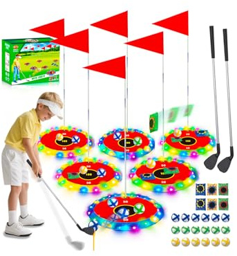 VATOS Leuchtendes Golfspielset für Kinder, 2-in-1-Golf- und Wurfspiel, 16 Bälle, 2 Schläger, 6 beleuchtete Ziele, Spielset für drinnen und draußen, Geschenk 3-8 Jahre