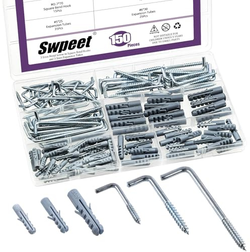 Swpeet 150 piezas 3 tamaños ganchos cuadrados curvos de metal azul y blanco con rosca con tubos de expansión y anclajes, kit surtido, tornillos autorroscantes en forma de L, ganchos tipo L, marco de